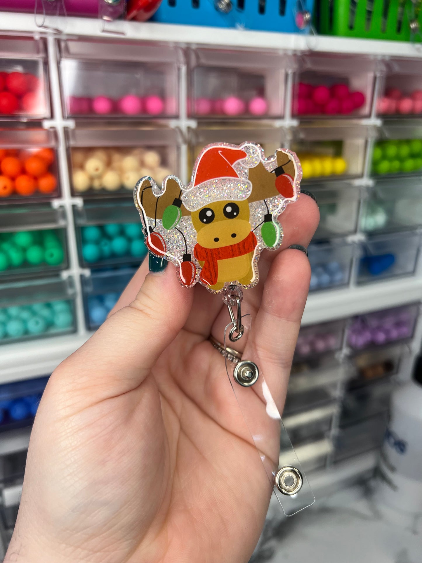 Moose with Christmas Lights Badge Reel