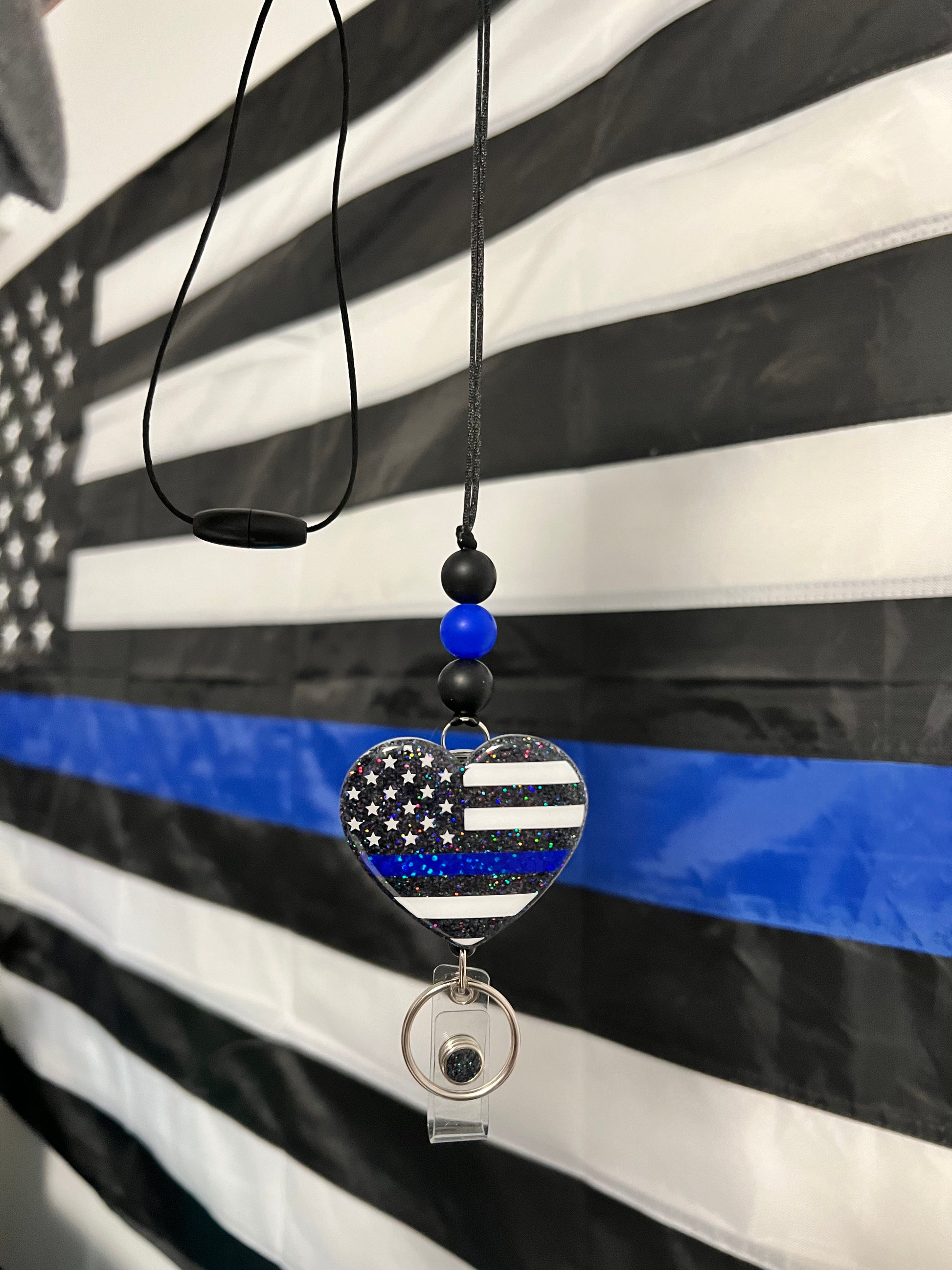 Thin Blue Line American Flag Heart Lanyard Retractable Reel Badge